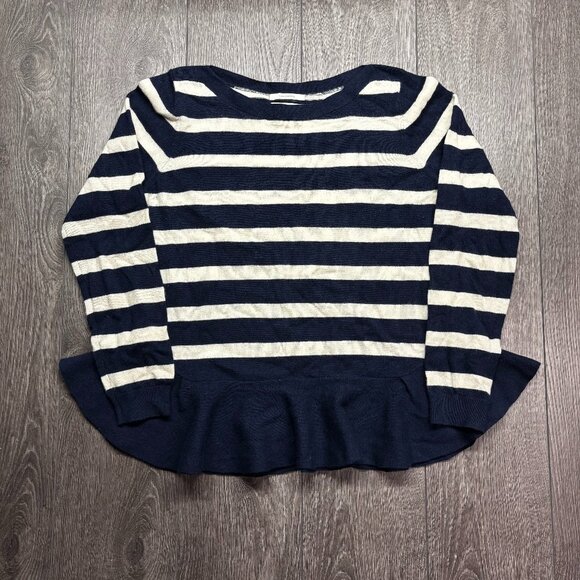 Nordstorm Signature 100% Cashmere Peplum Sweater Nautical Blue stripe Large - Picture 1 of 8